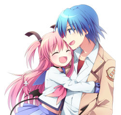 Rule 34 | 10s, 1boy, 1girl, angel beats!, blue eyes, blue hair, couple, closed eyes, fang, hetero, hinata hideki, hug, long hair, pink hair, school uniform, serafuku, short hair, soranagi, twintails, two side up, yui (angel beats!)