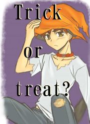 Rule 34 | 00s, 1boy, collar, emiya shirou, fate/stay night, fate (series), halloween, hat, male focus, orange hat, purple background, shirt, sitting, solo, torn clothes, torn shirt, trick or treat, witch hat