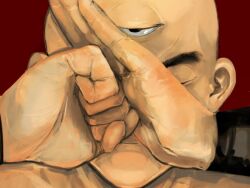 Rule 34 | 1boy, bald, black eyes, clenched hand, close-up, closed eyes, dragon ball, dragon ball (classic), highres, male focus, own hands together, portrait, red background, sepa (dorodoromiso), solo, tenshinhan, third eye