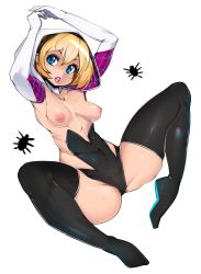 Rule 34 | 1girl, armpits, arms up, bad id, bad tumblr id, black thighhighs, blonde hair, blue eyes, bodysuit, boots, breasts, bug, gwen stacy, highres, hood, hooded bodysuit, hoodie, lips, looking at viewer, marvel, nipples, puffy nipples, short hair, simple background, slugbox, small breasts, solo, spider, spider-girl, spider-gwen, thigh boots, thighhighs, thighs, topless, white background