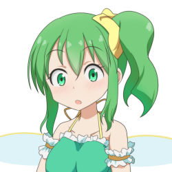Rule 34 | 1girl, cato (monocatienus), collarbone, daiyousei, fairy wings, green eyes, green hair, hair ribbon, halterneck, off shoulder, open mouth, ribbon, side ponytail, sidelocks, simple background, solo, touhou, upper body, white background, wings, yellow ribbon