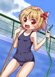 Rule 34 | 1girl, alternate costume, armpit peek, arms up, blonde hair, blue sky, breasts, broom, chain-link fence, cloud, collarbone, contrapposto, cowboy shot, day, dutch angle, empty pool, fence, hair between eyes, hair ribbon, highres, holding, holding broom, holding hose, hose, looking at viewer, old school swimsuit, one-piece swimsuit, open mouth, pool, red eyes, ribbon, rumia, school swimsuit, short hair, sky, small breasts, solo, standing, sugiyama ichirou, swimsuit, touhou, wet, wet clothes, wet hair