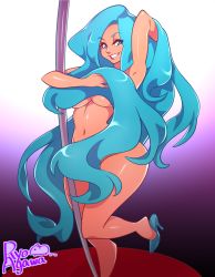 Rule 34 | 1girl, agawa ryou, artist name, blue eyes, blue hair, breasts, censored, convenient censoring, female focus, high heels, lips, long hair, matching hair/eyes, navel, nude, pole dancing, shoes, smile, solo, standing, tan, underboob, very long hair