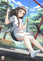 Rule 34 | 1girl, artist logo, bench, black hair, blue sky, brown eyes, brown hair, chain, clip studio paint (medium), cloud, commentary, day, dress, dutch angle, english commentary, foot out of frame, from below, grin, hands up, highres, kamui (kamuikaoru), long hair, looking at viewer, no shoes, outdoors, shoes, short sleeves, sky, smile, socks, solo, swing, sword art online, teeth, unworn shoe, unworn shoes, white dress, white socks, yui (sao)