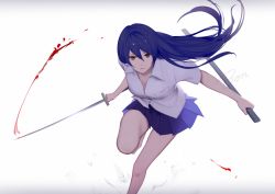 Rule 34 | 10s, 1girl, artist name, bad id, bad twitter id, blood, bloody weapon, blue hair, bon nob, brown eyes, charging forward, collarbone, fighting, holding, holding sword, holding weapon, katana, long hair, looking at viewer, love live!, love live! school idol project, pleated skirt, scabbard, serious, sheath, shirt, signature, skirt, solo, sonoda umi, sword, weapon, white shirt