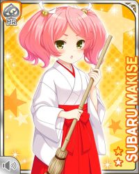 Rule 34 | 1girl, annoyed, bow, fang, girlfriend (kari), holding, japanese clothes, kimono, makise subaru, miko, official art, open mouth, pink hair, qp:flapper, red bow, red skirt, skirt, solo, tagme, twintails, white kimono, yellow background, yellow eyes
