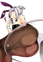 Rule 34 | 1girl, against glass, animal ears, ass, ass focus, ass on glass, bare shoulders, black leotard, blush, bow, bowtie, breasts, detached collar, fake animal ears, fishnet pantyhose, fishnets, glass, glasses, grey eyes, highres, large breasts, leotard, long hair, looking at viewer, pantyhose, playboy bunny, rabbit ears, rabbit tail, school girl strikers, sendou hachi, sideboob, silver hair, simple background, sitting, smile, solo, strapless, strapless leotard, tail, tierra-sensei, unmoving pattern, white background, wrist cuffs