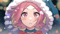 Rule 34 | 1girl, alternate costume, bleach, blurry, blurry background, blush stickers, bow, close-up, commentary request, fur-trimmed hood, fur trim, highres, hood, hood up, kusajishi yachiru, looking up, outdoors, parted bangs, parted lips, pink eyes, pink hair, red bow, snowing, solo, sumire 1046, tareme, upturned eyes, winter, winter clothes