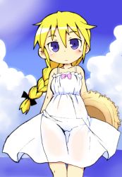 Rule 34 | 1girl, blonde hair, blue eyes, braid, braided ponytail, cloud, dress, female focus, hat, kill me baby, looking at viewer, ponytail, see-through, sky, solo, sonya (kill me baby), straw hat, zubatto
