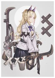 Rule 34 | 1girl, absurdres, animal ears, belt, black belt, black bra, black skirt, blonde hair, blue bow, border, bow, bra, breasts, center opening, closed mouth, collared shirt, commentary, commentary request, cropped legs, english commentary, grey background, grey thighhighs, highres, holding, holding weapon, hxxg, light blush, long hair, looking at viewer, medium breasts, mixed-language commentary, original, pink eyes, pleated skirt, ponytail, shirt, sidelocks, simple background, skirt, sleeves past wrists, solo, thighhighs, underwear, weapon, white background, white border, white shirt