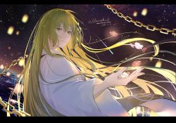 Rule 34 | 1other, androgynous, closed mouth, commentary request, enkidu (fate), fate/extra, fate/extra ccc, fate/grand order, fate/strange fake, fate/zero, fate (series), flower, glowing flower, green eyes, green hair, highres, holding, holding flower, lantern, lantern festival, lantern on liquid, light green hair, long hair, long sleeves, looking away, nanako (user zcmj5835), night, night sky, paper lantern, red flower, robe, shooting star, sky, sky lantern, smile, solo, star (sky), starry sky, toga, upper body, very long hair, water, white flower, white robe, wide sleeves