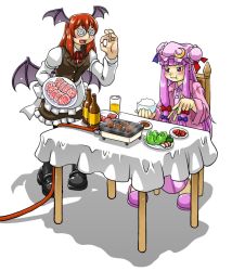 Rule 34 | 2girls, :d, :t, @ @, alcohol, bat wings, beer, bespectacled, bowl, chair, chopsticks, coke-bottle glasses, cooking, crescent, crescent hair ornament, fang, food, glass, glasses, grilling, h.dupp (nama aakiruu), hair ornament, hat, head wings, koakuma, meat, multiple girls, open mouth, pantyhose, patchouli knowledge, plate, rice bowl, salad, sauce, simple background, smile, steak, table, touhou, wings, wire