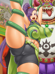 Rule 34 | 1girl, ass, breasts, cameltoe, covered erect nipples, dragon quest, dragon quest xi, huge breasts, kawanuma uotsuri, martina (dq11), monster, open mouth, restrained, skin tight, split, standing, standing on one leg, standing split, tagme, tentacles, youma gunou bugii (dq11)