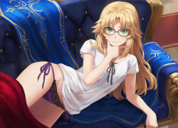 Rule 34 | 1girl, blonde hair, blush, breasts, couch, embarrassed, fate/apocrypha, fate/grand order, fate (series), glasses, green eyes, hair down, highres, long hair, looking at viewer, lying, mordred (fate), mordred (fate/apocrypha), on side, panties, parted bangs, purple panties, shirt, short sleeves, sidelocks, small breasts, solo, thighs, tonee, underwear, white shirt