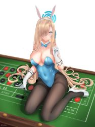 Rule 34 | 1girl, :o, absurdres, animal ears, arm up, artist name, asuna (blue archive), asuna (bunny) (blue archive), bare shoulders, black pantyhose, blonde hair, blue archive, blue bow, blue bowtie, blue eyes, blush, bow, bowtie, breasts, casino card table, cleavage, collarbone, covered navel, cozie178, elbow gloves, fake animal ears, gloves, hair between eyes, hair over one eye, hair ribbon, hand on table, high heels, highres, large breasts, legs, leotard, long hair, looking at viewer, open mouth, pantyhose, playboy bunny, rabbit ears, ribbon, simple background, sitting, sitting on table, solo, table, thighs, traditional bowtie, white footwear, white gloves