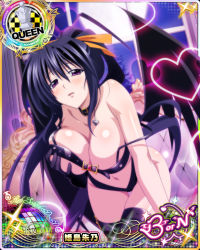 Rule 34 | 1girl, asymmetrical wings, bare shoulders, black hair, blush, breasts, card (medium), character name, chess piece, cleavage, collar, demon wings, covered erect nipples, feathered wings, grabbing own breast, hair ribbon, heart, high school dxd, high school dxd born, himejima akeno, indoors, large breasts, long hair, looking at viewer, moon, navel, night, official art, parted lips, ponytail, purple eyes, queen (chess), ribbon, solo, thighhighs, trading card, underboob, very long hair, wings