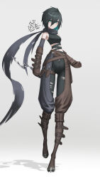 Rule 34 | 1girl, absurdres, aqua eyes, aqua hair, belt, black hair, boots, breasts, chaps, cleats, clenched hand, colored inner hair, elbow gloves, fantasy, full body, gloves, gradient background, grey background, highres, holding, holding knife, holding weapon, ikasamahideo, khopesh, knife, leather, leather boots, leather gloves, looking at viewer, multicolored hair, original, reverse grip, scarf, shadow, short hair, small breasts, steel-toe boots, throwing knife, torn clothes, torn scarf, tsurime, two-tone hair, weapon, white background