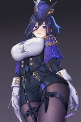 Rule 34 | 1girl, arms at sides, black corset, blue cape, blue hair, breasts, buttons, cape, clorinde (genshin impact), closed mouth, commentary request, corset, dangle earrings, dark background, dark blue hair, earrings, elbow gloves, epaulettes, fold-over gloves, framed breasts, genshin impact, gloves, gradient background, hair between eyes, hat, hat feather, highres, jewelry, large breasts, long hair, long hair between eyes, looking at viewer, low ponytail, paid reward available, pencil skirt, purple eyes, shirt, signature, skirt, solo, standing, taut clothes, taut shirt, thigh strap, tricorne, very long hair, white gloves, white shirt, zero130