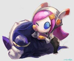 Rule 34 | 1boy, 1girl, armor, blue eyes, cape, gloves, grey background, kirby: planet robobot, kirby (series), looking at viewer, mask, meta knight, momoko (nihontou), nintendo, one eye closed, pauldrons, pink hair, rayman limbs, shoulder armor, signature, sitting, susie (kirby), yellow gloves