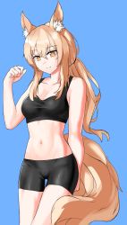 Rule 34 | 1girl, animal ear fluff, animal ears, arknights, bare arms, bare shoulders, blonde hair, blue background, breasts, cleavage, commentary request, hair between eyes, highres, long hair, looking at viewer, medium breasts, nearl (arknights), neti (cpu11151), partial commentary, short shorts, shorts, sidelocks, simple background, smile, solo, sports bra, thighs, very long hair, yellow eyes