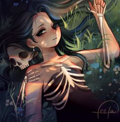 Rule 34 | 1girl, black eyes, black hair, bone, brown dress, commentary, dress, earrings, english commentary, feefal, flower, grass, highres, jewelry, looking at viewer, lying, messy hair, on back, original, ribs, signature, skeletal arm, skeleton, skull, solo