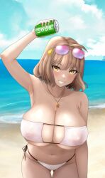 Rule 34 | 1girl, absurdres, ahoge, anis (nikke), anis (sparkling summer) (nikke), armpits, bare shoulders, beach, bikini, breasts, can, cleavage, collarbone, covered erect nipples, drink can, eyewear on head, gluteal fold, goddess of victory: nikke, grin, highres, holding, holding can, jewelry, large breasts, light brown hair, looking at viewer, mask bikini, navel, necklace, ocean, official alternate costume, pink-tinted eyewear, raskasar, sand, see-through, short hair, side-tie bikini bottom, sky, smile, soda can, solo, string bikini, sunglasses, swimsuit, thigh gap, tinted eyewear, white bikini, yellow eyes