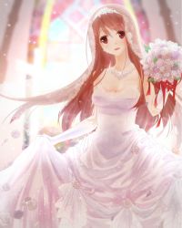 Rule 34 | 10s, 1girl, bouquet, breasts, brown eyes, brown hair, cleavage, dress, elbow gloves, flower, gloves, highres, holding, holding bouquet, ice (aitsugai), idolmaster, idolmaster million live!, indoors, jewelry, long hair, medium breasts, necklace, solo, strapless, strapless dress, tanaka kotoha, wedding dress, white dress, white gloves