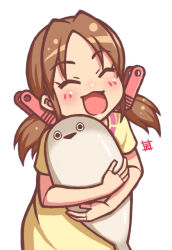 Rule 34 | 1girl, amayuki esuka, animal, animal hug, black mouth, blush, brown hair, closed eyes, clothes pin, dress, facing viewer, fish, hair ornament, josette, low twintails, medium hair, open mouth, sacabambaspis, short sleeves, short twintails, simple background, smile, solo, triangle mouth, twintails, white background, wonder project j2, yellow dress