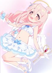 Rule 34 | 1girl, :d, ahoge, angel, angel wings, bare legs, blue bow, blush, bow, breasts, brown eyes, commentary, hair between eyes, hair bow, halo, highres, holding, holding wand, long hair, looking at viewer, midriff, mochitsuki kagami, navel, official alternate costume, official alternate hairstyle, onii-chan wa oshimai!, open mouth, oyama mahiro, pink background, pink hair, shoes, simple background, skirt, small breasts, smile, solo, wand, white footwear, white skirt, wings, wrist cuffs