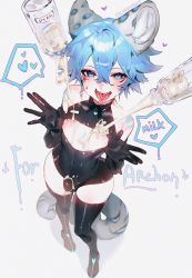 Rule 34 | 1boy, akishycat, animal ears, archon eclipse, bad id, bad twitter id, bare shoulders, black gloves, black thighhighs, blue eyes, blue hair, boots, bottle, bulge, covered navel, cum, cum on body, cum on male, cum on pectorals, gloves, hair between eyes, heart, highres, indie virtual youtuber, leopard boy, leopard ears, leopard tail, male focus, nipples, open mouth, pectorals, second-party source, skindentation, solo, spoken heart, tail, thigh boots, thighhighs, tongue, tongue out, trap, virtual youtuber