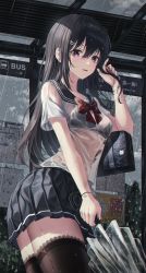 Rule 34 | 1girl, absurdres, bag, black bra, black hair, black skirt, black thighhighs, blush, bow, bowtie, bra, breasts, bus stop, chromatic aberration, commentary, fall (aki), hair ornament, hairclip, highres, holding, holding umbrella, lace, long hair, looking at viewer, medium breasts, open mouth, original, outdoors, parted lips, pleated skirt, purple eyes, rain, red bow, red bowtie, school bag, school uniform, see-through, serafuku, shirt, skirt, solo, symbol-only commentary, thighhighs, transparent, transparent umbrella, umbrella, underwear, uniform, wet, wet clothes, wet shirt, white shirt, zettai ryouiki