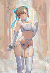 Rule 34 | 1girl, alternate costume, armpit crease, bare shoulders, blush, bracelet, breasts, bridal lingerie, brown eyes, bun cover, capcom, chun-li, cleavage, cleavage cutout, clothing cutout, covered erect nipples, double bun, earrings, elbow gloves, garter belt, garter straps, gloves, hair bun, jewelry, knees up, large breasts, lingerie, looking at viewer, navel, skindentation, solo, spiked bracelet, spikes, street fighter, thighhighs, underwear, white gloves, white thighhighs, yugen99