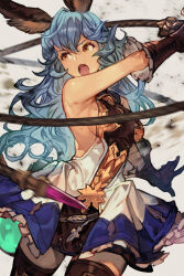 Rule 34 | 1girl, animal ears, armpits, attack, backless dress, backless outfit, bare shoulders, blue hair, breasts, brown eyes, brown gloves, brown thighhighs, cowboy shot, debris, dress, erune, ferry (granblue fantasy), frilled gloves, frilled skirt, frills, gloves, granblue fantasy, hair between eyes, holding, holding whip, hungry clicker, long hair, looking to the side, medium breasts, motion blur, open mouth, serious, sideboob, simple background, skirt, sleeveless, sleeveless dress, solo, thighhighs, wavy hair, weapon, whip, white background, zettai ryouiki