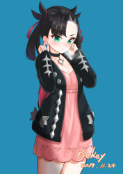 Rule 34 | 1girl, artist name, asymmetrical bangs, back, bad id, bad pixiv id, black choker, black hair, black jacket, blue background, blush, breasts, breath, choker, cleavage, collarbone, cowboy shot, creatures (company), dated, game freak, green eyes, hair ribbon, hands on own ears, hands up, jacket, long hair, long sleeves, looking away, looking down, marnie (pokemon), nintendo, open clothes, open jacket, parted lips, pokemon, pokemon swsh, ribbon, simple background, small breasts, solo, twintails, yuckey