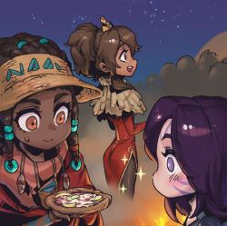 Rule 34 | 3girls, :d, brown eyes, brown hair, character request, check character, dark-skinned female, dark skin, dreadlocks, facial mark, food, freckles, hair ribbon, holding, holding food, kai&#039;sa, league of legends, legends of runeterra, long hair, looking at another, multiple girls, night, night sky, official alternate costume, open mouth, phantom ix row, pink eyes, pizza, ponytail, profile, purple hair, ribbon, senna (league of legends), sky, smile, sparkle, standing, taliyah, teeth, tress ribbon, true damage senna, upper teeth only