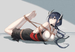 Rule 34 | 1girl, arknights, arms behind back, bare legs, bare shoulders, barefoot, bdsm, black skirt, blue eyes, blue hair, bondage, bound, breasts, cantabile (arknights), chenjiyan y, chinese commentary, commentary request, feather hair, female focus, grey background, hair between eyes, hair ornament, hairclip, highres, hogtie, large breasts, long hair, looking at viewer, lying, mole, mole under eye, on stomach, rope, shirt, skirt, sleeveless, sleeveless shirt, solo