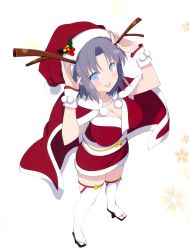 Rule 34 | 10s, 1girl, absurdres, blue eyes, blush, breasts, cape, cleavage, floral background, full body, grey hair, hat, highres, large breasts, looking at viewer, official art, open mouth, pom pom (clothes), sandals, santa costume, santa hat, scan, senran kagura, short hair, short sleeves, simple background, smile, solo, standing, thighhighs, white thighhighs, wrist cuffs, yaegashi nan, yumi (senran kagura), zettai ryouiki
