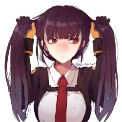 Rule 34 | 1girl, alternate hairstyle, bad id, bad twitter id, blazer, blunt bangs, blush, breasts, brown hair, buckle, closed mouth, collared shirt, confetti, girls&#039; frontline, gloves, hanato (seonoaiko), holding, holding hair, jacket, long hair, long sleeves, looking away, medium breasts, necktie, purple hair, red eyes, red necktie, shirt, sidelocks, simple background, solo, strap, tsundere, twintails, twitter username, two side up, upper body, wa2000 (girls&#039; frontline), white background, white shirt