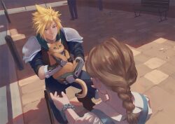 Rule 34 | 1boy, 1girl, 1other, animal, armor, bench, black gloves, black suit, blonde hair, blue dress, blue eyes, blue pants, blue shirt, bow, braid, brown fur, brown hair, cat, closed mouth, cloud strife, crisis core final fantasy vii, dress, final fantasy, final fantasy vii, formal, from above, gloves, green eyes, green scarf, highres, ho fan, holding, holding animal, holding cat, looking at another, medium hair, pants, pink bow, puffy short sleeves, puffy sleeves, scarf, scrunchie, shirt, short hair, short sleeves, single braid, sleeves rolled up, smile, spiked hair, squatting, suit, vambraces, white shirt, wrist scrunchie