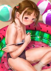 Rule 34 | 1girl, ball, bare shoulders, barefoot, beachball, blush, breasts, brown hair, clothes pull, feet out of frame, food-themed hair ornament, hair ornament, highres, looking at viewer, one-piece swimsuit, one-piece swimsuit pull, original, outdoors, pool, purple eyes, school swimsuit, sidelocks, sitting, small breasts, solo, strawberry hair ornament, swimsuit, thighs, twintails, undressing, wadachitokakeru, wading pool