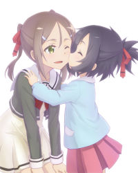 Rule 34 | 10s, 2girls, age difference, black hair, blush, brown hair, child, closed eyes, couple, dress, green eyes, grey vest, hair between eyes, hair ornament, hair ribbon, hairclip, half updo, hand on another&#039;s arm, hand on another&#039;s shoulder, kindergarten uniform, kiss, kissing cheek, miyoshi karin, multiple girls, okutagon, one eye closed, onee-loli, outstretched arms, parted bangs, parted lips, pleated skirt, profile, red ribbon, red skirt, ribbon, school uniform, serafuku, short ponytail, simple background, skirt, smile, squatting, twintails, vest, white background, white dress, yuri, yuuki yuuna wa yuusha de aru, yuusha de aru