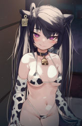 Rule 34 | 1girl, absurdres, animal ears, animal print, bare shoulders, bell, bikini, black hair, blush, breasts, closed mouth, collar, collarbone, commentary request, cow ears, cow girl, cow print, cowbell, cowboy shot, ear tag, elbow gloves, eyes visible through hair, gloves, groin, has bad revision, has downscaled revision, heart, heart-shaped pupils, highres, horns, long hair, looking at viewer, md5 mismatch, medium breasts, mole, mole on breast, navel, neck bell, original, purple eyes, resolution mismatch, revision, smile, smug, solo, source smaller, standing, stomach, swimsuit, symbol-shaped pupils, torriet, twintails