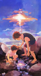 Rule 34 | 2boys, absurdres, aged down, barefoot, brothers, brown eyes, brown hair, bucket, from above, full body, highres, holding, holding bucket, looking down, male focus, miyagi ryouta, miyagi sota, multiple boys, ocean, outdoors, reflection, reflective water, rock, short hair, siblings, slam dunk (series), squatting, water, yamami369