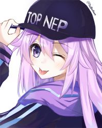 Rule 34 | ;p, adjusting clothes, adjusting headwear, adult neptune, bimmy, black jacket, blush, from behind, hair between eyes, highres, jacket, long hair, looking at viewer, meme attire, neptune (series), one eye closed, portrait, purple eyes, purple hair, shin jigen game neptune vii, simple background, solo, tongue, tongue out, top nep hat, twitter username, white background
