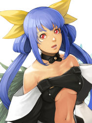Rule 34 | 1girl, arc system works, asymmetrical wings, bad id, bad pixiv id, bare shoulders, blue hair, bow, breasts, dizzy (guilty gear), guilty gear, hair bow, lips, long hair, navel, red eyes, solo, take no ko (dodon), underboob, wings