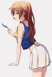 Rule 34 | 1girl, absurdres, arm support, blue shirt, brown eyes, brown hair, cheerleader, chuunibyou demo koi ga shitai!, commentary request, food, from side, hair ornament, hairclip, hand up, highres, holding, holding food, holding popsicle, leaning forward, licking lips, light blush, long hair, looking at viewer, miniskirt, nibutani shinka, nishizuki shino, one side up, pleated skirt, popsicle, shirt, simple background, skirt, sleeveless, sleeveless shirt, solo, tongue, tongue out, white background, white skirt