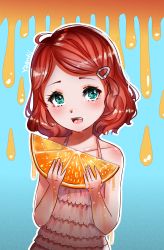 Rule 34 | 1girl, :d, absurdres, artist name, blue background, blue eyes, commentary, dress, dripping, english commentary, food, fruit, grin, hair ornament, hairclip, highres, holding, holding food, holding fruit, juice, layered dress, looking to the side, open mouth, orange (fruit), orange slice, original, oversized food, oversized object, red hair, short hair, smile, solo, sundress, yanting sun