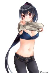 Rule 34 | 10s, 1girl, alternate costume, black hair, blush, bra, breasts, casual, cleavage, clothes lift, denim, ichinomiya (blantte), jeans, kantai collection, lifting own clothes, long hair, looking at viewer, medium breasts, navel, pants, parted lips, ponytail, red eyes, shirt, shirt lift, simple background, solo, stomach, sweater, sweater lift, twitter username, underwear, undressing, very long hair, white background, yahagi (kancolle)