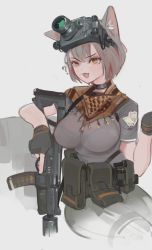 Rule 34 | 1girl, :3, ?, absurdres, ammunition pouch, animal ear fluff, animal ears, assault rifle, bandana, belt, belt pouch, black choker, black gloves, bra visible through clothes, breasts, cat ears, choker, fingerless gloves, gloves, grey hair, grey shirt, gun, highres, holding, holding gun, holding weapon, large breasts, looking at viewer, multicolored hair, original, polilla, pouch, rifle, shirt, short hair, shorts lift, simple background, sitting, solo, streaked hair, thigh strap, trigger discipline, weapon, weapon request, white background, yellow eyes