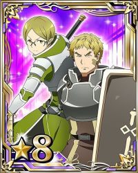 Rule 34 | 10s, 2boys, armor, blonde hair, breastplate, card (medium), closed eyes, facial mark, glasses, green hair, holding, holding weapon, looking at viewer, male focus, multiple boys, pauldrons, pointy ears, polearm, shield, short hair, shoulder armor, star (symbol), sword art online, talken (sao), tecchi (sao), weapon, yellow eyes